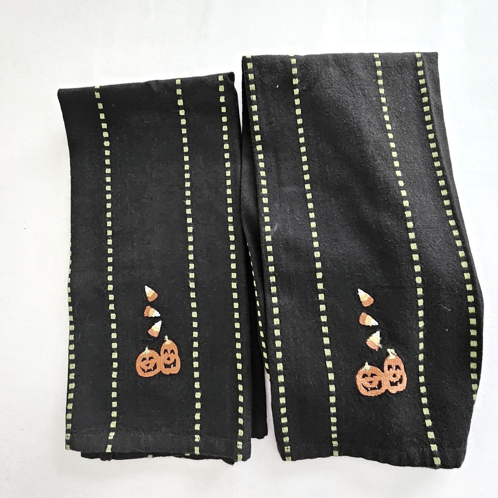 DII Halloween Kitchen Towels Set of 2 Black Green Pumpkin Candy Corn Embroidered